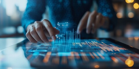 Financial planner creating a budget plan on a tablet interactive charts and detailed financial data modern digital interface