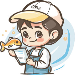 Cute Cartoon Boy Holding Goldfish and Checklist Pet Care Aquarium Fishkeeping Guide Happy Smiling Child Pet Shop Owner Fish Tank Maintenance Aquatic Life Adorable Character Design IllustrationWithout
