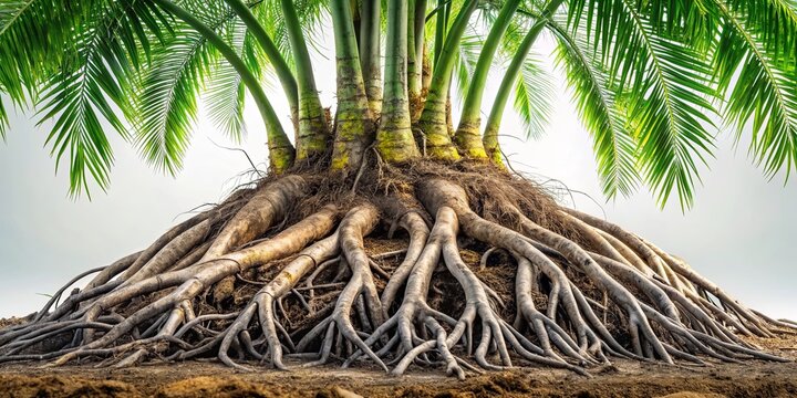 Close up of gray oil palm tree roots