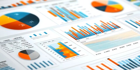 Illustrated financial statement with colorful graphs and detailed financial data professional business finance document