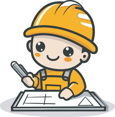 Cute cartoon construction worker character drawing architectural plan building engineering contractor hardhat safetyillustration design element mascot logo icon avatar graphic vector drawing