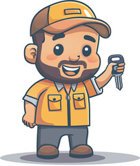 Happy cartoon delivery man holding car key mascot logo delivery service automobile transport logistic transportation shipping order courier fast package character smile guy uniform worker business
