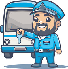 Happy bus driver cartoon character holding key transportation public transport driver occupation uniform cartoon mascot service travel vehicle automobile professional journey road trip commute