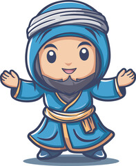 Obraz premium Happy Muslim Boy Cartoon Character Wearing Blue Islamic Clothes Isolated On BackgroundIllustration For Ramadan Kareem Greeting Cards Design Element Mascot Islamic Vector Concept