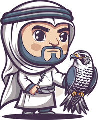 Arab Man Holding Falcon Bird Mascot Character Falconry Hunting Wildlife Middle East Background