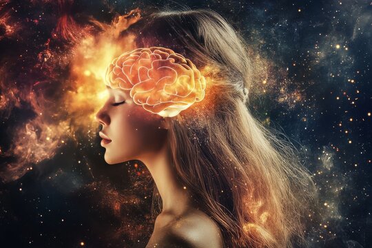 Decision theory Neuronal network A woman&rsquo;s head exploding with fiery energy symbolizing the power of creativity imagination and intellectual expression in a vibrant surreal scene