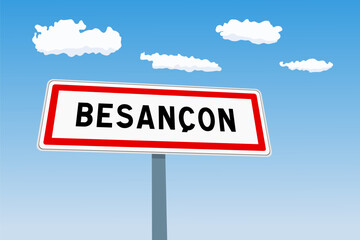 Besancon city sign in France. City limit welcome road sign.