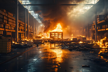 Large Fire in Industrial Building with Flames and Smoke Filling the Air, Devastating Impact on Business and Lifeless Bodies Around the Warehouse of Goods