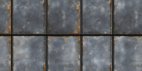 Seamless grungy scratched old steel wall panels background texture. Tileable industrial rusted metal bulkhead floor plates pattern. 8K high resolution grey rough metallic iron moulding 3D rendering.