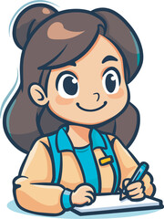 Cute Cartoon Girl Writing In Notebook School Student Education Learning Knowledge Back To SchoolIllustration