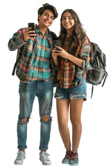 Indian student using smartphone for selfie with transparent background