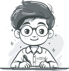 Cute cartoon happy boy studying writing homework assignment childhood education back to school knowledge wisdom spectacles glasses nerd geek drawing illustration background isolated cutout graphic