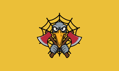 A purple vulture holding two crossed axes with a mischievous expression