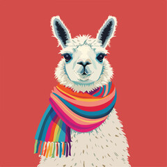 White llama alpaca wearing colorful winter scarf isolated solid background illustration whimsical cute animal portrait trendy apparel merchandise design greeting card poster graphic element funny © Graphic Dude