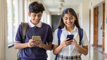 Happy Indian Teens in School Corridor with Phones
