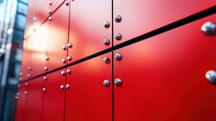 Blank red billboard with city building background.