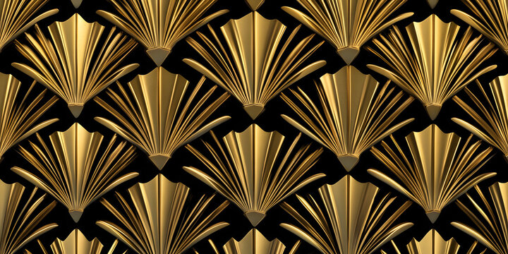 Seamless golden Art Deco diamond palm fan or shell line pattern. Vintage 1920 geometric gold plated relief sculpture on dark black background. Modern elegant metallic luxury backdrop. 3D rendering.