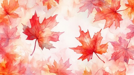 Watercolor autumn painting of colorful maple leaves. Abstract fall background concept. Seasonal wallpaper in red, orange, brown and yellow.