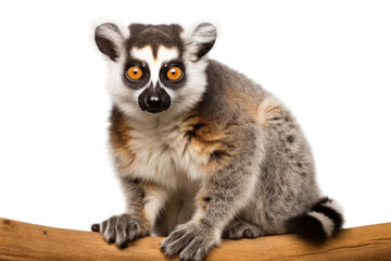 Obraz premium A playful lemur cat with large, expressive eyes and a striped tail, isolated on white background