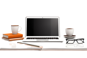 A professional office desk with a sleek laptop open and displaying a business presentation, isolated on white background