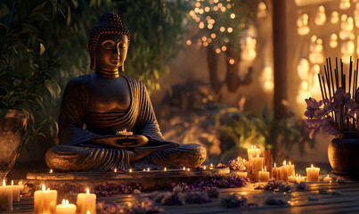 A peaceful 3D Buddha in a meditative pose, surrounded by candles and incense, with detailed textures and warm, calming light creating a serene ambiance