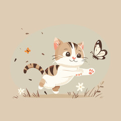 Cute kitten playing with butterfly adorable cat chasing butterfly animal wildlife pet playful happy fun cartoon illustration isolateddesign playful kitten adorable animals nature kitty cat lover