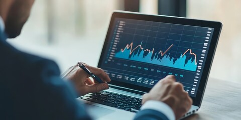 Financial planner analyzing a line graph on a laptop clear visualization of investment growth over time modern digital interface