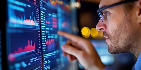 Financial analyst reviewing currency exchange data on a digital platform interactive and comprehensive interface