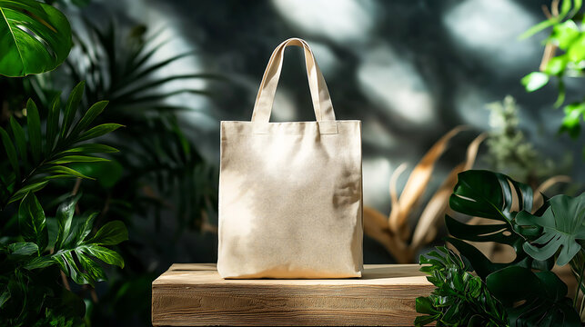 A beige canvas tote bag mockup on wooden product display podium with nature leaves background, Eco friendly totebag mock up made of natural cotton. Reusable shopper ecobag canvas for design