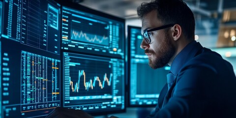 Financial analyst reviewing currency exchange data on a digital platform interactive and comprehensive interface