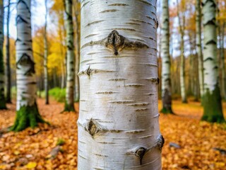Vertical shot of a slender silver birch tree trunk with smooth white bark, contrasting with darker forest surroundings and scattered fallen leaves.