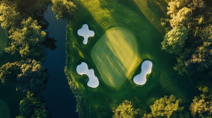 A bird's-eye view of a golf course with perfectly manicured grass and neatly placed golf holes, surrounded by trees and water hazards.