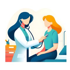 Flat Design Cartoon Female Doctor Using a Stethoscope on a Female Patient
