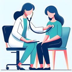 Flat Design Cartoon Female Doctor Using a Stethoscope on a Female Patient
