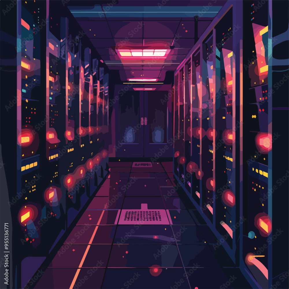 Poster dark server room hallway with flashing lights technology datacenter illustration background cloud co