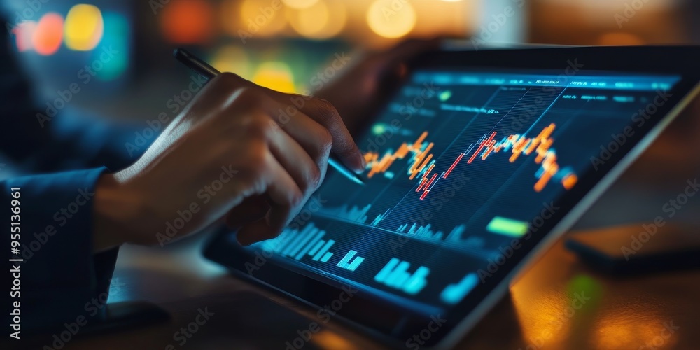 Poster Financial analyst reviewing interest rate charts on a tablet clear visualizations of rate changes and economic impact modern interface