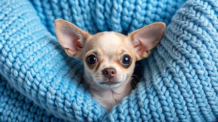 A tiny chihuahua puppy peeking out from a cozy blue knitted blanket, exuding vulnerability and charm
