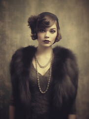 vintage style portrait of woman in fur coat and pearl necklace with 1920s makeup and hairstyle