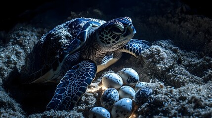 Closeup of sea turtle eggs glistening in the soft moonlight as they are being laid on the sandy beach