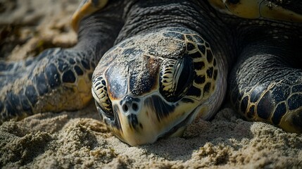 Obraz premium Closeup photograph of a sea turtle gently laying its eggs on the sandy beach with a serene and tranquil expression on its face capturing the peaceful moment in the natural environment