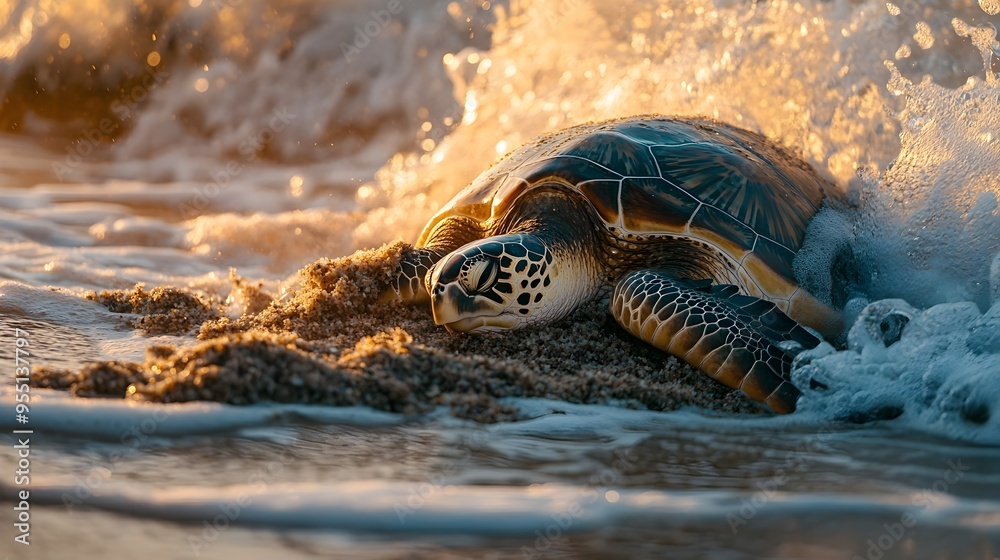 Wall mural Closeup view of a sea turtle carefully laying its eggs in the sandy nest as gentle waves approach the shoreline in a tropical coastal environment