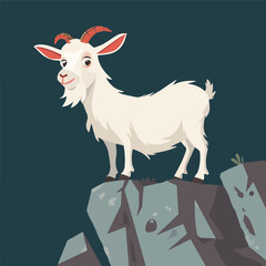 White Goat Standing On Top Of Rock Mountain Farm Animal Livestock Farming Cartoon Character Design Flat Vector Illustration On Dark Blue Background