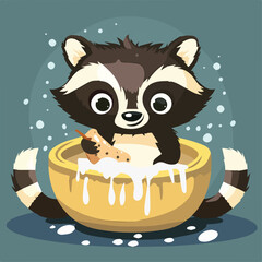 Cute raccoon bathing baby shower hygiene cartoon illustration whimsical adorable cuddly animal wildlife fun happy bath time bathroom clean wash soap bubbles playful mascot design kids children