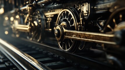 Fototapeta premium A close-up of a train wheel and tracks, with the detailed mechanisms visible, and a sense of motion as the train slowly starts to move.