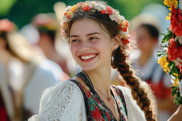 A woman wearing a flowery headband and a colorful vest is smiling and laughing
