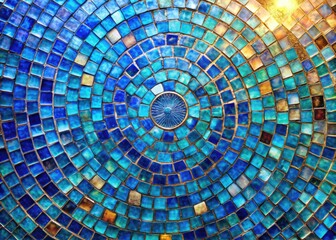Vibrant blue-hued mosaic art piece composed of intricately arranged glass tiles, shimmering with iridescent light, against a neutral background, evoking serenity and tranquility.
