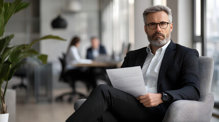 Focused manager in modern office holding company policy document, surrounded by minimalist workspace and blurred employees, highlighting the significance of corporate regulations and adherence.