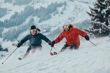 Two people skiing down a snowy slope