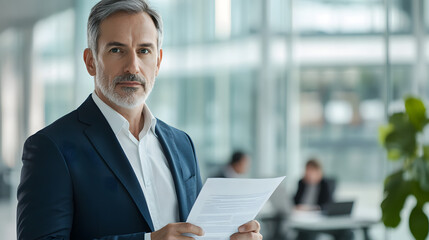 Focused manager in modern office holding company policy document, surrounded by minimalist workspace and blurred employees, highlighting the significance of corporate regulations and adherence.