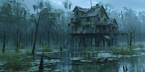 Fototapeta premium Ghost House in Swamp- Abandoned Swamp Mansion- Spooky House on Stilts- Swamp House with Ghosts 